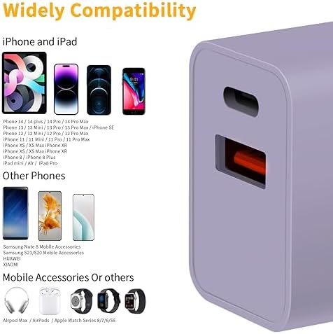 Dual Port USB C Fast Charging Block for Watch SE & i Phone 14 Pro Max – 2023 Upgrade with Elegant Purple Design | Simultaneously Charge Smartwatches and Smartphones | Compact & Durable Adapter for On-the-Go Efficiency
