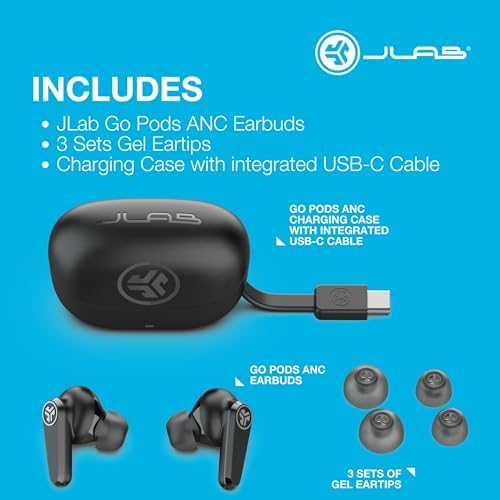 Elevate Your Listening Experience with JLab Go Pods ANC True Wireless Bluetooth Earbuds – Cutting-Edge Hybrid Active Noise Cancellation, 26+ Hours of Playtime, Customizable Sound Profiles via App, Sleek Black Design for Professionals and Casual Users, Enhanced Connectivity for Seamless Streaming