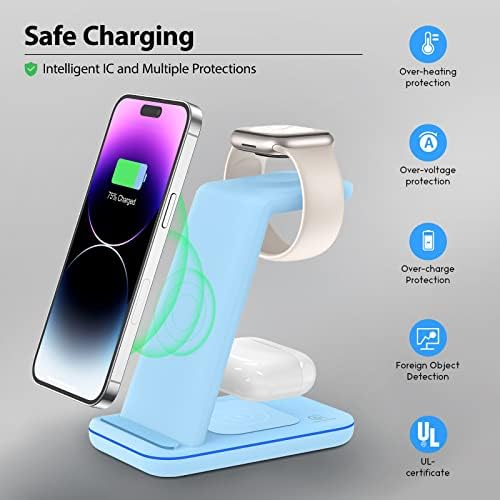 3-in-1 Wireless Charging Station for Apple Devices – Fast Magnetic Charger for i Phone 15/14/13/12/Pro Max/SE/11/XS/XR/8, Apple Watch 9-2, and Air Pods – Streamlined Power Solution for Home and Travel – Sleek, Compact Design for Enhanced Compatibility and Speed