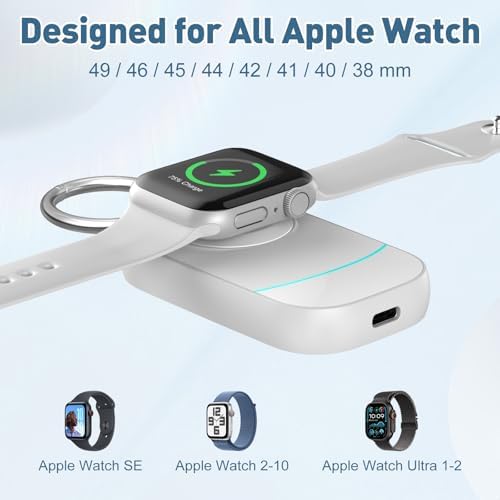 Portable Keychain Charger for Apple Watch – 2500 m Ah Fast Wireless Power Bank for Series 10, 9, SE & Ultra 2 – Essential Travel Companion for Effortless Charging Anytime, Anywhere – Lightweight, Durable, and User-Friendly Design for Active Lifestyles – Versatile Smartwatch Charging Solution