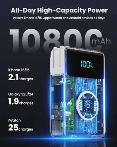 Versatile 4-in-1 Travel Charger with Integrated Wall Plug & USB-C Cables – 10800 m Ah Power Bank Featuring Magnetic Apple Watch Charging, QC4.0 & PD 25 W Fast Charging – Compact Solution for i Phone 16/15, Android Devices & More – Enhanced Portability & Smart Safety Features for On-the-Go Power