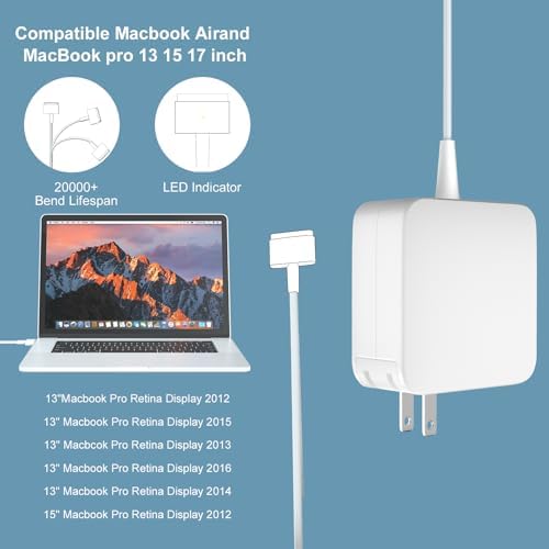 85 W T-Tip Mac Book Pro Charger – High-Performance Power Adapter for 13″ & 15″ Retina Models (2012-2017) – Robust, Safe Design with 6.6 ft Cord – Fully Compatible with A1398, A1424, A1425 & More – 1-Year Warranty & 30-Day Money-Back Guarantee – Fast and Efficient Charging Solution for Your Mac Book Pro