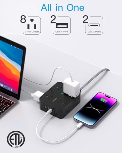HANYCONY 6 ft Surge Protector Power Strip with 8 Outlets & 2 USB-C Ports – Essential College Dorm Extension Cord with Space-Saving Flat Plug for Fast Charging and Device Safety – Perfect for Home Office and Tech Needs