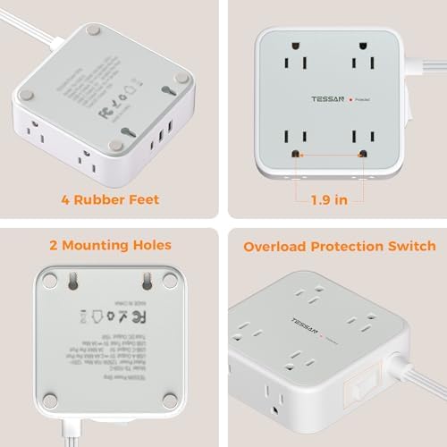 TESSAN Power Strip Tower Surge Protector: 8 AC Outlets & 3 USB Ports (1 USB-C) with 900 Joules Protection, 5 FT Flat Plug Extension Cord – Ultimate Desk Charging Station for Home Office and Dorm Room Efficiency