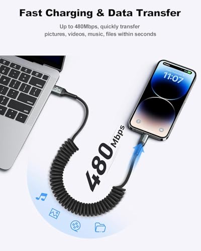 Coiled USB C to Lightning Charger 3 FT – 2 Pack, Braided Fast Charging Cord for i Phone & i Pad – Apple MFi Certified, Durable, Tangle-Free Design for On-the-Go Convenience and Enhanced Device Safety