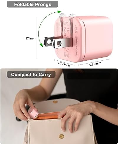 Lemi Power Block 20 W Fast USB C Wall Charger Duo – Sleek Pink Type C Adapter with 4 FT Cable for Quick Charging – Perfect for Samsung Galaxy S22, Google Pixel, Mac Book and More – Stylish, Portable, and Efficient Power Solution