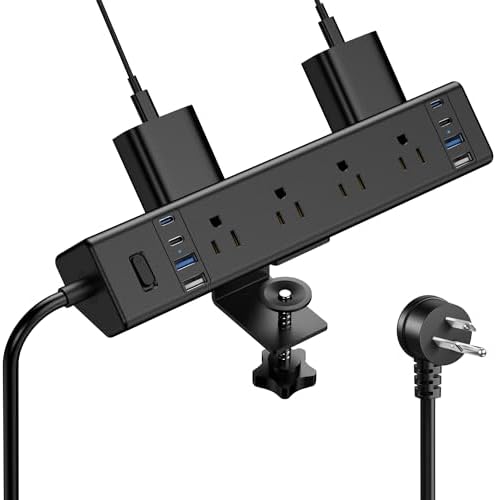 40 W Rapid Charge Desk Clamp Power Strip with 8 AC Outlets & 8 USB Ports – Versatile Surge Protector for Home & Office, Featuring 4 USB-C and 4 USB-A Ports, Secure Edge Mount Design for Tables up to 1.9 Inches, 14 AWG Heavy-Duty Cord for Optimal Performance and Safety