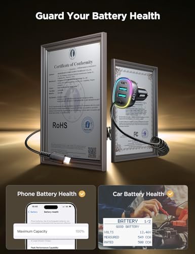 JOYROOM 60 W USB-C Car Charger with 5 ft Coiled Cable – Ultra-Fast Charging Adapter for i Phone 16 Pro Max, Samsung Galaxy S24/S23, Google Pixel & i Pad Pro – Compact Design with Smart Chip Technology for Safe Power Delivery on the Go