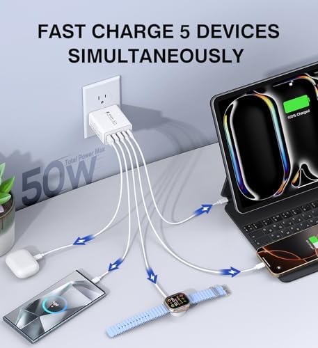 50 W Dual Type C Fast Charging Power Adapter 2-Pack – High-Performance USB-C Charger for i Phone, Samsung, i Pad, and Nintendo Switch – 5-Port Multi-Device Charger for Home and Travel – Compact, Safe, and Reliable Charging Solution