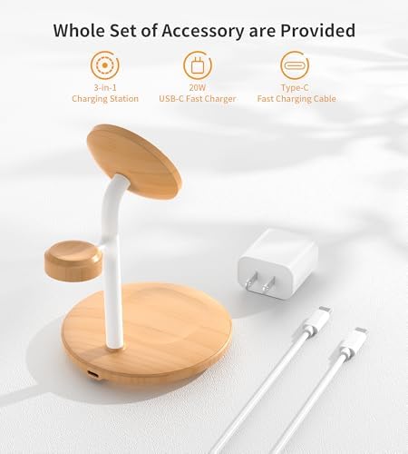 Sleek Yellow Wood Grain 3-in-1 Wireless Charging Station for Apple Devices – Fast 15 W Mag-Safe Charger with QC 3.0 Adapter for i Phone 16/15/14/13/12, Apple Watch Ultra/S9/8, and Air Pods – Elevate Your Workspace with Ultimate Compatibility and Modern Aesthetics, Perfect for Streamlined Charging Solutions