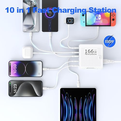 High-Speed 10-Port USB C Charging Station – 166 W Ga N Wall Charger with PD 20 W & QC 18 W for i Phone 15/14/13/12/11, i Pad, Samsung, Pixel 5 – Compact White-Silver Design for Universal Device Charging Convenience