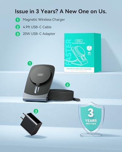 Elevate Your Charging Experience with the INIU 15 W Fast Magnetic Wireless Charger Stand – Sleek, Travel-Friendly Design for i Phone 12-16 and Air Pods, Featuring Adaptive Sleep-Friendly Light and Advanced Safety Features for Optimal Performance