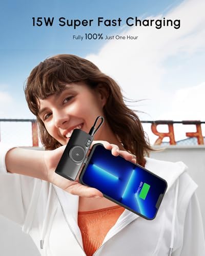 5000 m Ah Ultra-Compact Fast Charging Power Bank with Integrated USB-C Cable for i Phone, Apple Watch & Samsung – Sleek Black Portable Mini Charger for Effortless On-the-Go Energy Solutions