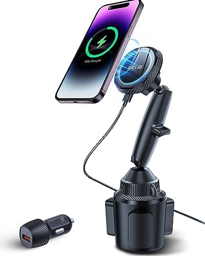 Mag Safe Cup Holder Charger Mount: Fast Wireless Magnetic Car Charger for i Phone 16, 15, 14, 13 Pro Max & Mini with Heat Dissipation System & QC 3.0 Adapter – Ultimate Driving Convenience & Device Safety