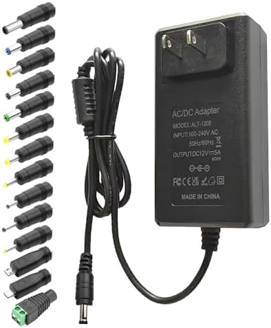 Efficient 12 V 5 A LED Strip Power Supply Adapter – High-Quality AC to DC Converter with 14 Versatile Connection Tips and 5.5 x 2.5 mm Plug (60 W) for Ultimate Lighting Performance and Compatibility Across All Projects