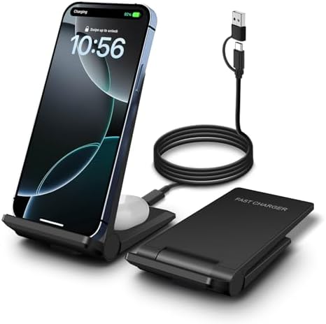 PDKUAI Enhanced 25 W Foldable 2-in-1 Wireless Charging Station for i Phone & Samsung – Dual Induction Fast Charger for i Phone 16/15/14/13/12/11/8, Air Pods & Galaxy Buds3 – Sleek, Portable Design with Intelligent Temperature Control for Safe Charging