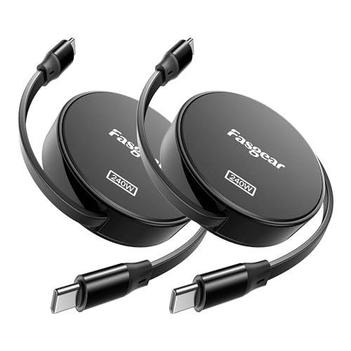 Fasgear High-Power 240 W Retractable USB C to C Charging Cable – Ultra-Fast 5 A Power Delivery for i Phone 15 Plus & Samsung Galaxy S23 – Compact and Durable Tangle-Free Design for Effortless Portability and Efficiency