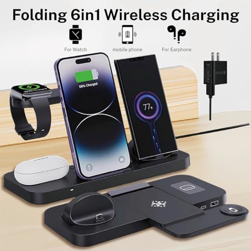 Ultimate 6-in-1 Wireless Charging Dock for i Phone 16/15/14/13, Apple Watch Series, Air Pods Pro – Super-Fast Qi-Certified Charging Station with QC3.0 Adapter for Seamless Device Compatibility and Safety Features – Perfect for Home and Travel Use