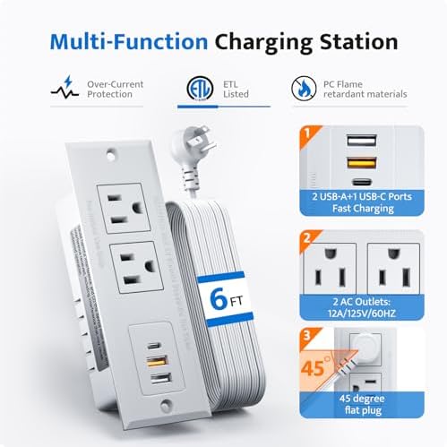 DOACE Space-Saving Recessed Power Strip with USB-C Fast Charging – Dual AC Outlets & Three USB Ports, 6 ft Cord for Effortless Connectivity in Home & Conference Settings – Clutter-Free, Efficient Power Solution for Modern Workspaces