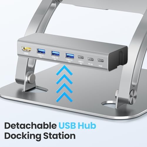 Transform Your Workspace with the Tounee Ergonomic Laptop Stand & USB-C Hub – Fast 100 W Charging, 4 K@60 Hz HDMI Output, 3 USB Ports for Effortless Device Connectivity – Ideal for 10-17″ Laptops & Mac Book in Stylish Gray Finish