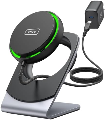 Elevate Your Charging Experience with the INIU 15 W Fast Magnetic Wireless Charger Stand – Sleek, Travel-Friendly Design for i Phone 12-16 and Air Pods, Featuring Adaptive Sleep-Friendly Light and Advanced Safety Features for Optimal Performance