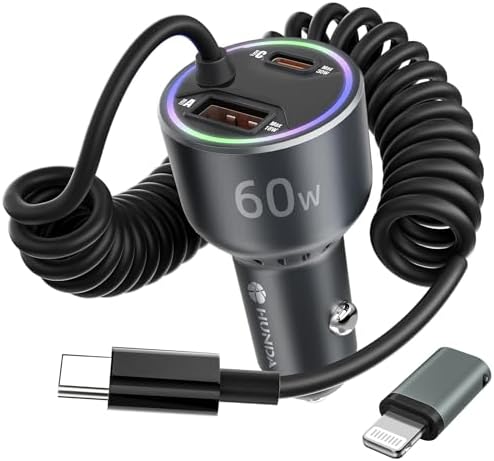 HUNDA 60 W USB-C Car Charger – Rapid Dual USB Fast Charging for i Phone 15 and Galaxy S24/S23/S22 – Power Delivery 30 W Compatibility for Quick Device Charging on the Go – Compact Design with Safety Features for Enhanced Performance and Portability
