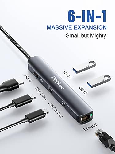 Transform Your Workstation with the Dockteck 6-in-1 USB C Hub Ethernet – Ultimate Multiport Adapter Featuring 4 K@60 Hz HDMI, 100 W Power Delivery, and High-Speed 1 Gbps LAN for Mac Book Pro, Surface Pro, XPS, and More – Effortless Connectivity and Fast Charging for Professionals and Students
