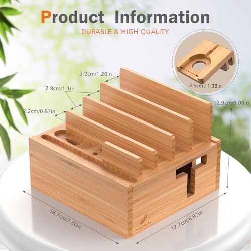 Bamboo Charging Station Organizer with 5-Port USB Hub and Charging Cables – Elegant Multi-Device Dock for Phones, Tablets, and Smartwatches – Eco-Friendly and Efficient Charging Solution for Home and Office Decor