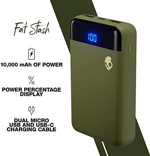 Skullcandy Stash Fuel 10,000 m Ah Ultra-Compact Fast Charging Power Bank – Lightweight Portable Charger for i Phone, Android & USB Devices in Stylish Olive – Reliable Travel Essential for Maximum Device Compatibility and Rapid Recharge