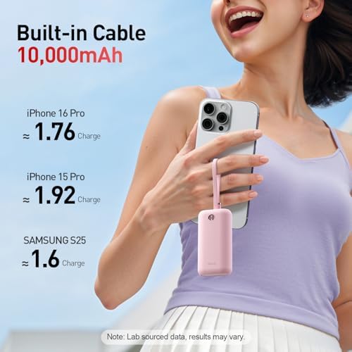 i WALK Ultra-Slim 10,000 m Ah Power Bank with Built-In Cable – Lightning-Fast 22.5 W USB-C Charging for i Phone 16/16 Pro/15, Samsung & Google – Travel-Friendly Pink Mini Portable Charger for On-the-Go Connectivity