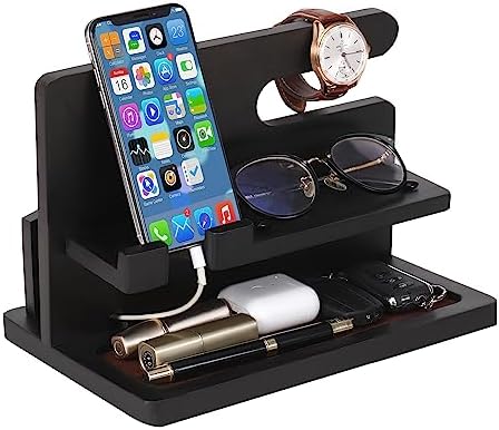 Sustainable Wood Charging Dock & Bedside Organizer: Chic Multi-Device Station for Men – Fast Charging Hub for Phones, Smartwatches, Keys, and Wallets – Perfect Gift Idea for Anniversary, Birthday, or Special Occasions – Modern Black Finish Enhances Any Bedroom or Office Decor