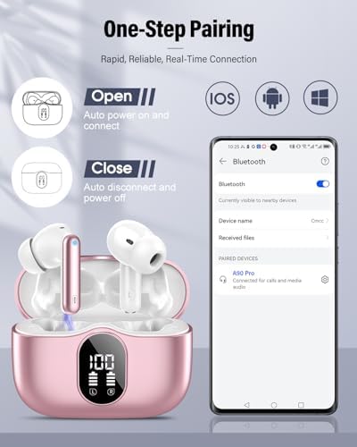 Elevate Your Audio Experience with Rose Gold Wireless Earbuds – Bluetooth 5.4 Connectivity, IP7 Waterproof Protection, and 36-Hour Playtime – Perfect for Active Lifestyles, Sports, and Seamless Communication – Stylish Comfort and Superior Noise-Cancellation for Uninterrupted Listening