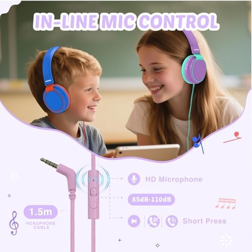 MIDOLA Kids Over-Ear Headphones: Safe Audio Experience with Noise Limitation, Foldable & Travel-Friendly Design, Custom Volume Control (85/110 d B), Built-In Microphone, and AUX Compatibility for School, Gaming, and Family Adventures in Sleek Black