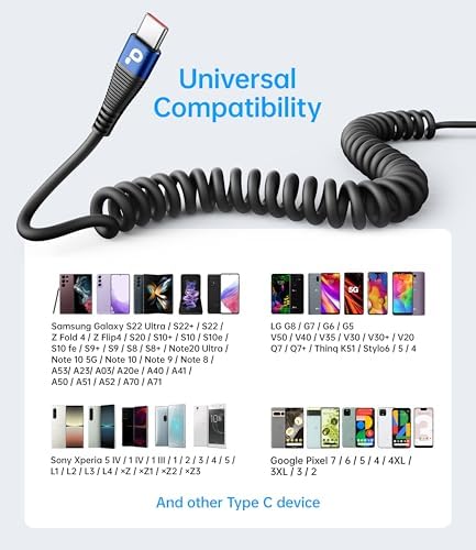 Coiled USB C to USB C Charger Cable 2-Pack (3 FT) – Fast Charging for i Phone 16/15/15 Pro/15 Plus/15 Pro Max & Samsung Galaxy S23 – Tangle-Free Design for Effortless Use in Car or Home – Durable, Flexible Power Solution for All USB C Devices