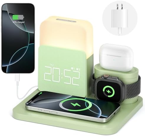 Multifunctional 7-in-1 Wireless Charging Station with Dual Alarm Clock – Seamlessly Compatible Dock for i Phone 16/15/14/13/12/11/Pro/Max, Samsung Phones, Apple Watch 9/8/7/6/5/SE, and Air Pods – Fast Charging, Night Light, and Safety Features for Ultimate Convenience and Style
