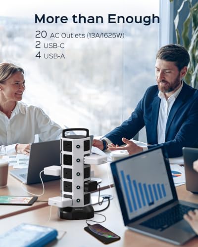JACKYLED 20-Outlet Power Strip Tower Surge Protector with 6 Fast USB Ports – 1050 Joules Safety Shield, 13 A Desktop Charging Station with 6.5 ft Heavy-Duty Cord, Elegant Black Walnut Design for Home, Office & Garage Use – Ultimate Device Power Solution