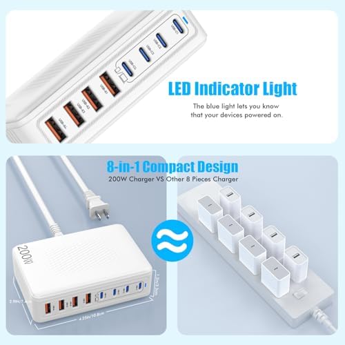 200 W Ga N 8-Port USB C Charging Station – High-Speed Multi-Device Power Hub for i Phone 16/15/14, Mac Book Pro/Air, & More – Ultimate Compact Charger with Enhanced Safety Features for Home, Office, or Travel Use