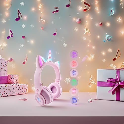 Enchanting Unicorn Wireless Headphones for Kids – Stylish Pink Foldable Design with Light-Up Features, Perfect for Tablets and Toddlers – Superior Sound Quality and Comfort for Magical Listening Adventures – Durable, Adjustable, Tangle-Free Fun for Every Little Girl