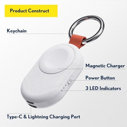 Compact PZOZ Wireless Travel Charger for Apple Watch – 1200 m Ah Fast Charging Power Bank with Keychain Design, Compatible with Series Ultra, 10, 9, 8, 7, 6, 5, 4, 3, 2, SE – Essential Portable Power Solution for On-the-Go Professionals and Fitness Enthusiasts in Sleek White Finish