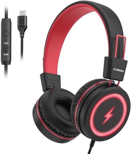 Kid-Friendly USB Type C Headphones with LED Lights – Safe Volume Limiter (85 d B/94 d B) for School Use, Foldable On-Ear Design for Comfort and Portability, Integrated Microphone for Learning and Gaming Fun – Perfect for i Pad and More