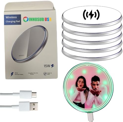 INNOSUB USA 5-Pack Sublimation Wireless Charger Set – 10 W Fast Qi Charging Pad for i Phone & Samsung Devices – Sleek Silver Design for Home & Office – Ideal Personalized Gift for Tech Enthusiasts