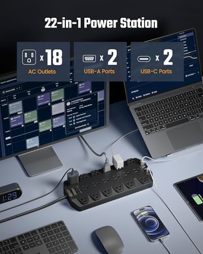 Maximize Your Power Efficiency with SUPERDANNY 18-Outlet Surge Protector Power Strip – 4 USB Charging Ports, 1875 W/15 A, 2100 J Surge Protection, 6.5 FT Heavy-Duty Flat Plug Extension Cord for Home, Office, Gaming, and Dorm Use – Versatile Wall Mount Design for Unmatched Convenience and Safety
