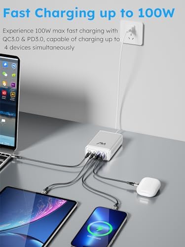 Amlink 100 W USB-C Fast Charging Hub – Compact 4-Port Power Station with 65 W Ga N Technology for High-Speed Device Charging | Ideal for Mac Book Pro, i Pad Pro, i Phone & Samsung Galaxy Note | Perfect Portable Solution for Travel & Workspace Efficiency | Safe Multi-Device Charging with Overheat Protection