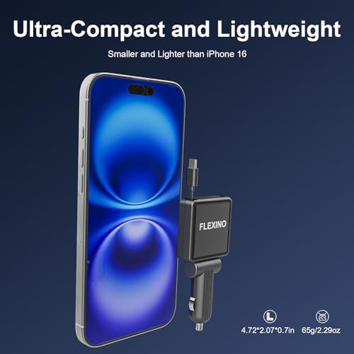 Flexino Ultra-Slim Retractable Car Charger for i Phone 16 & More – Fast Charging Dual USB C Adapter for Galaxy, Pixel, and More – Compact Design for Maximum Portability & Clutter-Free Charging Solution – Enhanced Safety Features & Rapid Power Delivery – Perfect for Road Trips & Daily Commutes