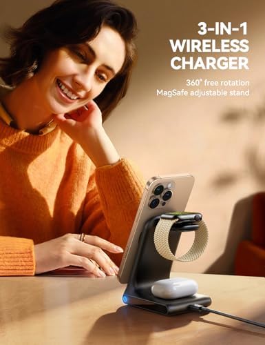 Revolutionize Your Charging Routine with JOYROOM 3-in-1 Wireless Charging Station – Fast 15 W Power Hub for i Phone 16, 15, 14, 13, Apple Watch, and Air Pods – Mag Safe Compatible with Sleek Design for Organized Tech Space and Enhanced Device Protection