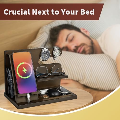 Wood Phone Docking Station Key Holder Stand Watch Organizer Men Gift Husband Wife Anniversary Dad Birthday Nightstand Purse Father Graduation Male Travel Idea Gadgets – Enhanced Compatibility and Speed
