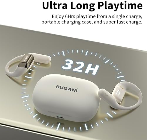 Elevate Your Active Lifestyle with BUGANI Bluetooth 5.2 Open Ear Headphones – Sport-Optimized Wireless Earbuds Offering 32 Hours of Playtime, Rapid Charging, and Waterproof Durability for Enhanced Sound and Environmental Awareness During Running and Cycling