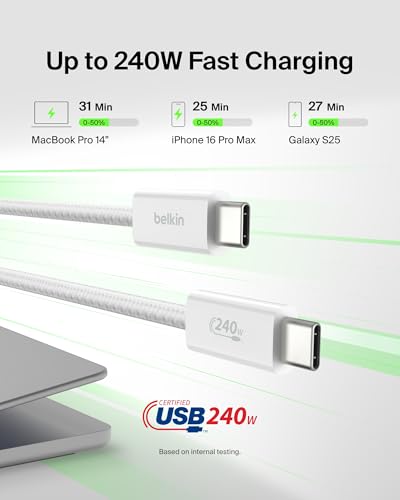 Belkin USB C to USB C Cable 2-Pack – 6.6 ft High-Speed Charging Solution for i Phone 16, Galaxy S25, Mac Book, and More – Durable Braided Design with 240 W Power Delivery for Ultimate Performance – Flexible and Stylish Charging Cords for Home, Office, and Travel
