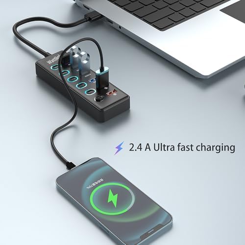 Transform Your Workspace with the Wattlink 6-Port Powered USB 3.0 Hub – Unleash Fast Charging and Data Transfer with Individual LED Switch Controls, Stylish Black Finish for Modern Efficiency