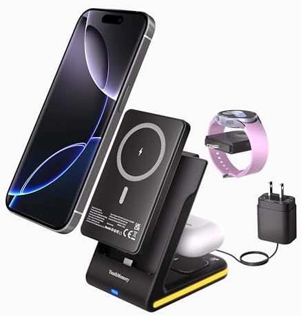 3-in-1 Magnetic Wireless Charging Station for i Phone & Samsung – Portable 5000 m Ah Power Bank, Multi-Device Charger for Apple Watch, Galaxy Watch & Air Pods – Fast Charging with Safety Features – Ideal for Home & Travel